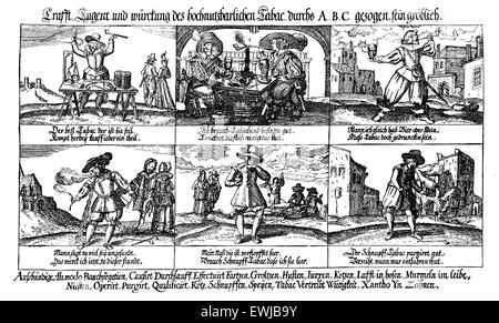 17. Jahrhundert-Karikaturen, die Darstellung des Missbrauchs von Alkohol und Tabak Stockfoto