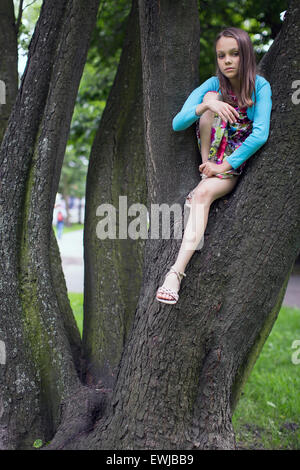 Kleine süße Mädchen sitzen auf den Zweigen des Baumes. Stockfoto