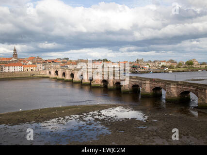 Historische Steinbrücke überqueren Fluss Tweed, Berwick-upon-Tweed, Northumberland, England, UK Stockfoto