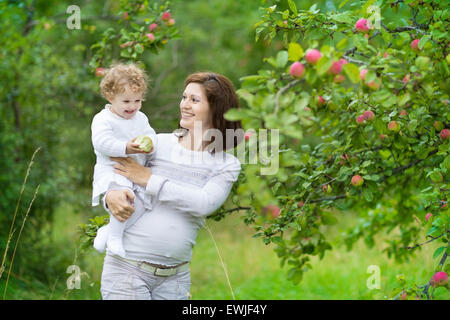 Schöne junge schwangere Frau und ihre lachende Baby Tochter pflücken Äpfel in einem Garten im Herbst Stockfoto