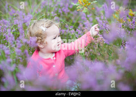 Niedliche glückliches Babymädchen spielen mit schönen lila Blüten in einer Heide Landschaft in Holland Stockfoto