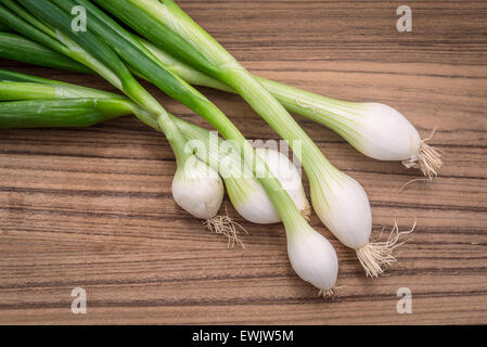 Frühlingszwiebeln auf einem dunklen Holztisch Stockfoto