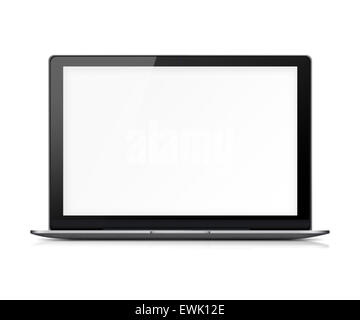 Moderne Hochglanz Laptop mit leerer weißer Bildschirm, Reflexion und Schatten isoliert auf weißem Hintergrund. Sehr detaillierte Darstellung. Stockfoto