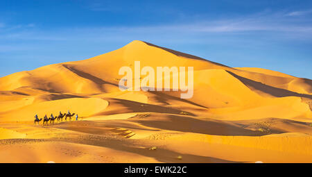 Touristen zu reiten auf Kamelen, Erg Chebbi Wüste bei Merzouga, Sahara, Marokko Stockfoto