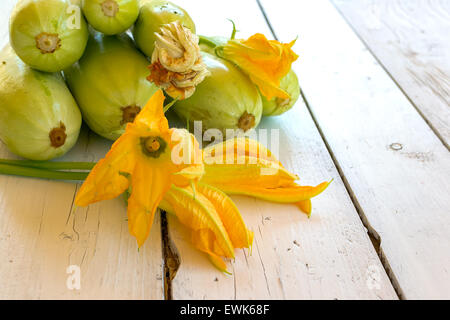 Haufen Zucchini und Zucchini-Blüten auf einem weißen Tisch Stockfoto