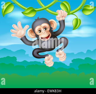 Einen niedlichen Cartoon Schimpanse Primas, ähnlich wie ein Affe, Charakter von Reben in den Bäumen ein Dschungel und Wavi schwingen Stockfoto