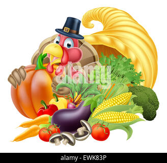 Thanksgiving goldenen Füllhorn Füllhorn voller Gemüse und Früchte zu produzieren, mit Cartoon Türkei Vogel trägt einen Pilger oder Stockfoto