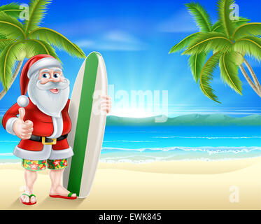 Cartoon von Santa Claus holding ein Surfbrett und ein Daumen in seinem Hawaiian Boardshorts und Flip Flop Sandalen auf ein Tropi aufgeben Stockfoto