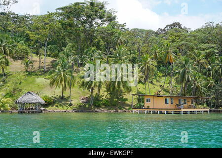 Direkt am Meer Karibik Immobilien in Mittelamerika mit Kokosnuss-Palmen und einem Haus mit Hütte über Wasser, Panama, Bocas del Toro Stockfoto