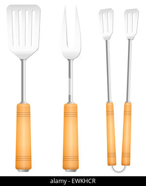 BBQ-Werkzeuge mit Holzgriff - charmanten Vintage Grill-Utensilien. Abbildung auf weißem Hintergrund. Stockfoto