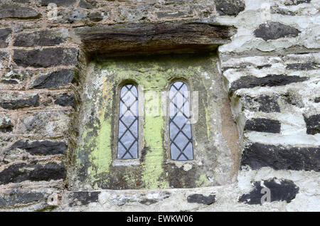 Fenster am St. Beunos Kirche Culbone mit geschnitzten Kopf Teil Katze Teil Mannes Exmoor Somerset England UK GB Stockfoto