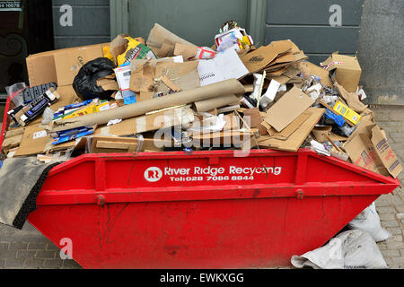 Red recycling überspringen überfüllt mit Pappe in Londonderry (Derry), Nordirland Stockfoto