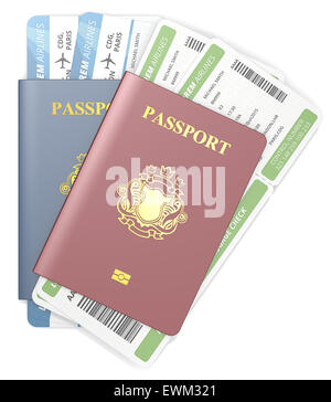 Draufsicht der roten und blauen Pässe und Boarding Pass. Non-Country goldenen Wappen. Stockfoto