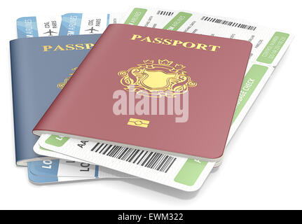 Roten und blauen Pässe und Boarding Pass. Non-Country goldenen Wappen. Stockfoto