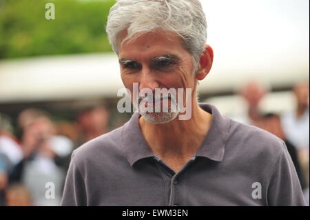 1997 F1 World Champion Damon Hill beim Goodwood Festival of Speed. Rennfahrer, besuchte Prominente und Tausende von Mitgliedern der Öffentlichkeit das Goodwood Festival of Speed, moderne und alte Rennwagen und Motorräder in Aktion zu sehen. Stockfoto