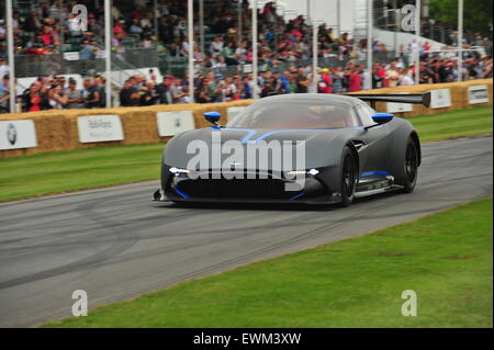 Ein Aston Martin Vulcan beim Goodwood Festival of Speed. Rennfahrer, besuchte Prominente und Tausende von Mitgliedern der Öffentlichkeit das Goodwood Festival of Speed, moderne und alte Rennwagen und Motorräder in Aktion zu sehen. Stockfoto