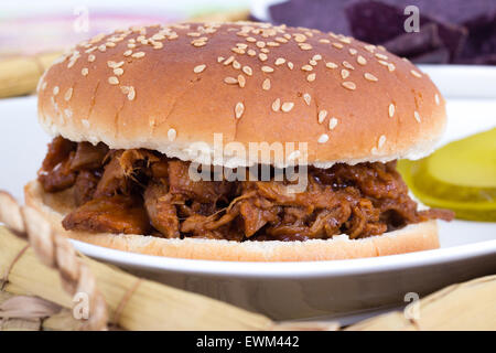 BBQ Pork Sandwich Brötchen Closeup gezogen Stockfoto