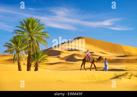 Touristen auf Kamel reiten, Erg Chebbi Wüste bei Merzouga, Sahara, Marokko Stockfoto