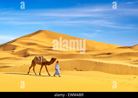 Berber mit seinem Kamel auf Sahara Wüste Düne, Marokko Stockfoto
