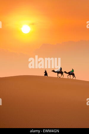 Touristen auf Kamel reiten bei Sonnenuntergang, Erg Chebbi Wüste bei Merzouga, Sahara-Dünen, Marokko Stockfoto