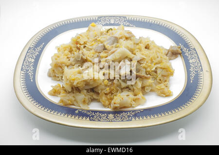 Gebratene Nudeln mit Schweinefleisch in Schüssel rühren Stockfoto