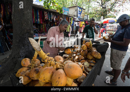 AA-Straßenmarkt, wo ein Verkäufer bietet frischen Kokosnuss seinen Kunden auf seinem Stall in Colombo, Sri Lanka trinkt Stockfoto