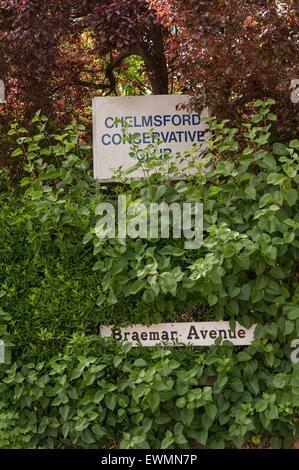 Überwuchert und versteckte Zeichen des Regierens konservative Partei Club Hauptsitz in Chelmsford Stockfoto