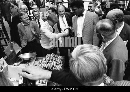 Cassius Clay später zu Muhammad Ali in England für seine ersten Zusammenstoß mit britischen Schwergewichts-Henry Cooper. 26. Mai 1963 Stockfoto