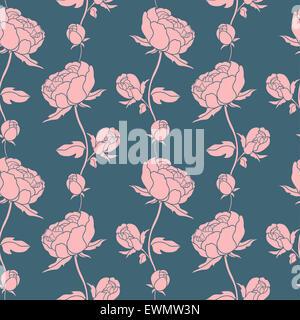 Nahtlose Blumenmuster mit Pfingstrosen auf blauem Hintergrund Stockfoto