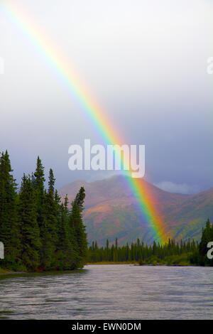 Regenbogen bei Sonnenuntergang auf dem Nenana River in Alaska Stockfoto