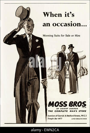1950er Jahre Werbung ca. 1954 Magazin Anzeige für Moss Bros Morgen Anzüge zu mieten Stockfoto