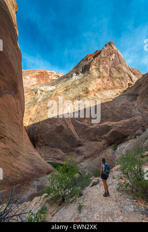 Mädchen Wanderer, Backpacker auf Brimhall Natural Bridge Trail Capitol Reef Nationalpark Stockfoto