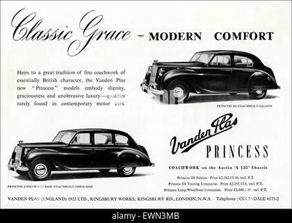 1950er Jahre Werbung ca. 1954 Magazin Anzeige für Vanden Plas Princess Luxus-Autos Stockfoto