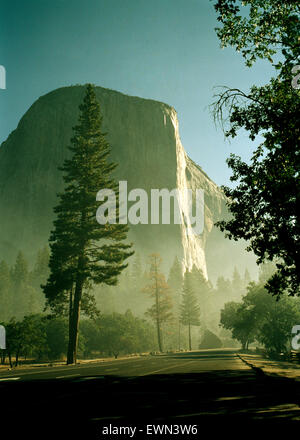 Rauch am frühen Morgen von kontrollierten Waldbränden, die auf dem Granitriesen von „El Capitan“ im Yosemite-Nationalpark aufsteigen Stockfoto