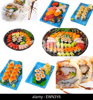 Auswahl an vielen japanischen Sushi Gericht Collage über weißen Rahmen Stockfoto