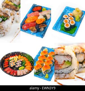 Auswahl an vielen japanischen Sushi Gericht Collage über weißen Rahmen Stockfoto