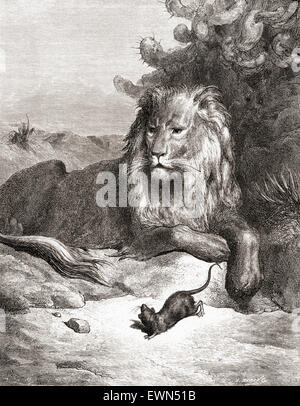 Gustave Abbildung von La Fontaine Fabel der Löwe und die Maus (Le Lion et le Ratte). Stockfoto