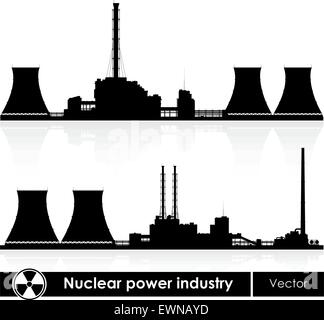 Silhouetten von Kernkraftwerken isoliert auf weiss. Vektor-Illustration. Stock Vektor