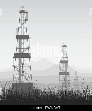 Landschaft mit Ölbohrungen rigs über Bergkette. Detail-Vektor-Illustration. Stock Vektor