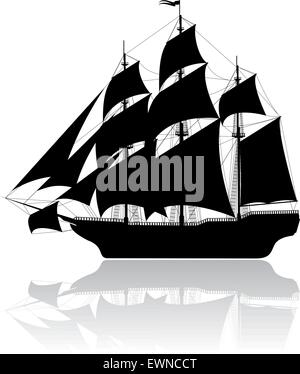 Schwarze alte Segelschiff isoliert auf weißem Hintergrund Stock Vektor