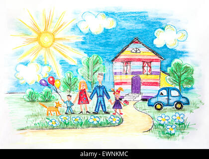 Aquarell Childrens Skizze mit glücklichen Familie Stockfoto
