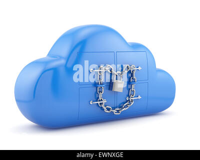 Cloud-Security-Konzept. Blaue Wolke mit Vorhängeschloss und Kette isoliert auf weißem Hintergrund Stockfoto