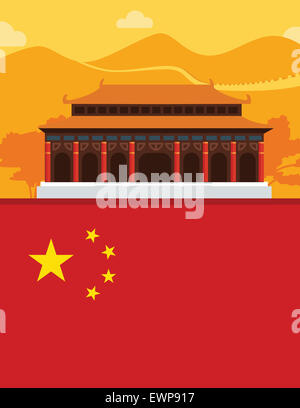 Anschauliche Darstellung der chinesische Pagode und chinesische Flagge Stockfoto