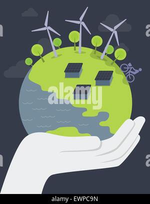 Anschauliches Bild der menschlichen Hand, die Welt repräsentieren Konzepte der Erde retten Stockfoto