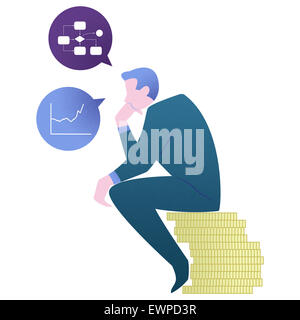 Geschäftsmann, sitzen auf Stapel von Münzen, die Analyse von Markt-Graph isoliert auf weißem Hintergrund Stockfoto