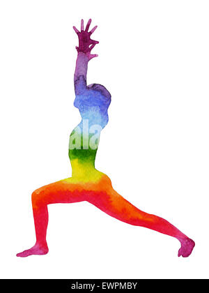 Krieger-Pose-Yoga, Aquarell Malerei Chakra, stark und kraftvoll, bunten Regenbogen Stockfoto