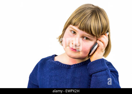 Kaukasische Mädchen telefonieren mit Handy isoliert auf weißem Hintergrund Stockfoto