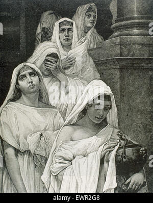 Priesterinnen der Göttin Vesta im Tempel. Gravur. Stockfoto