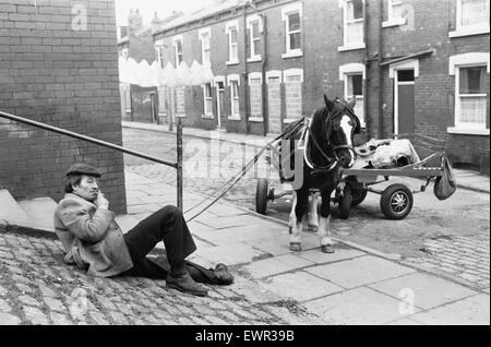 Ein Lappen und Knochen Mann und sein Pferd und Wagen gesehen hier Rast von der Reise eines unbenannten nördlichen Stadt auf der Suche nach Altmetall 1. Februar 1982 Stockfoto