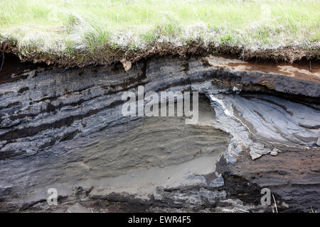 Querschnitt durch Boden Schichten einschließlich der großen Tephra Vulkanasche Island Stockfoto